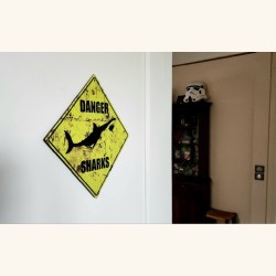 Panneau "Danger Sharks" 20cm x 20cm Illustration Originale Grand Requin Blanc Impression 3D